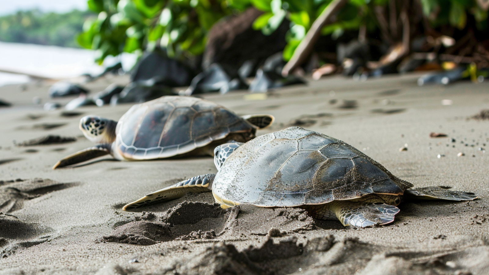 Sea turtles on the sand of Tortuguero National Park in Costa Rica