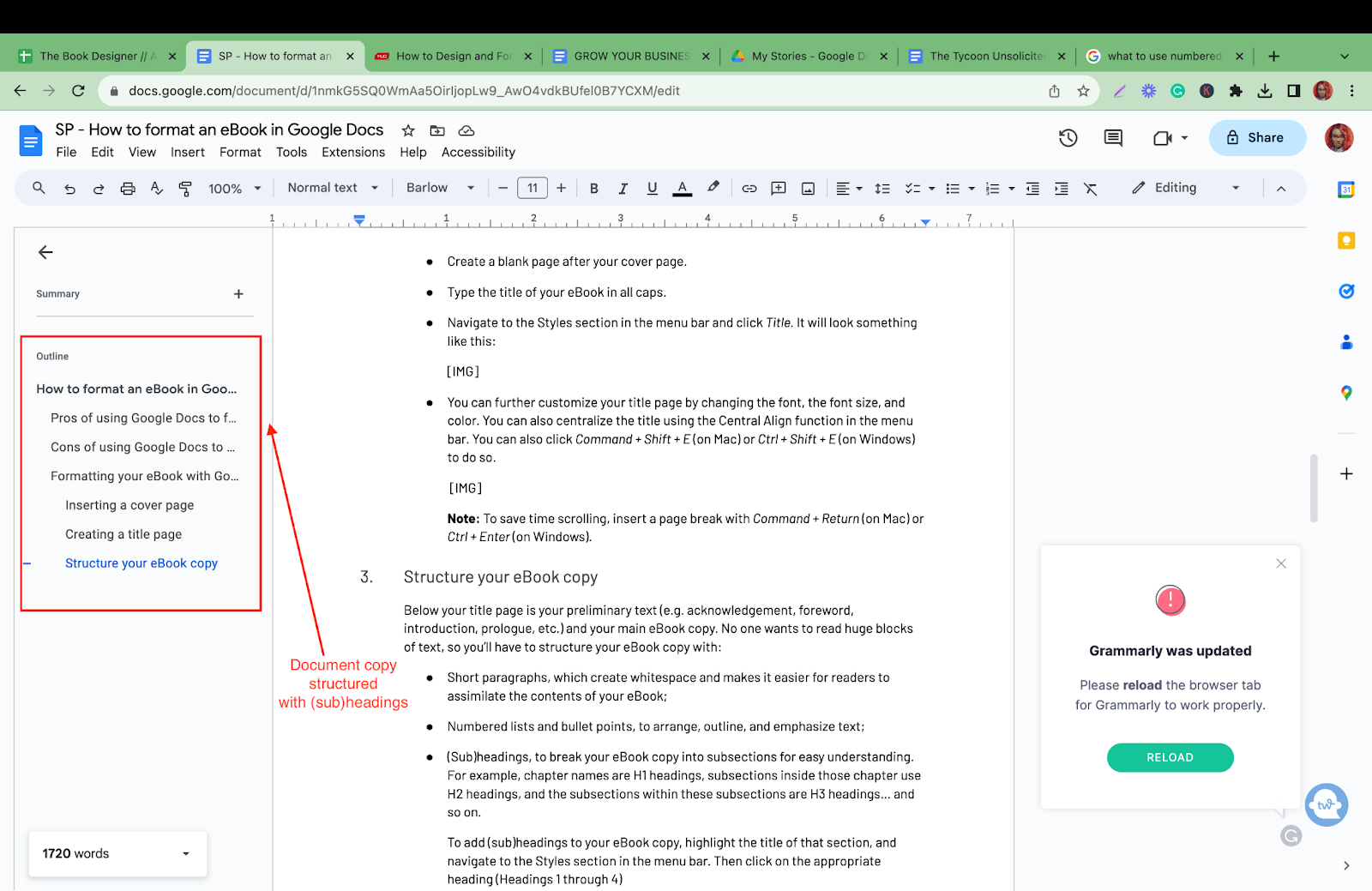 eBook structure in google docs 