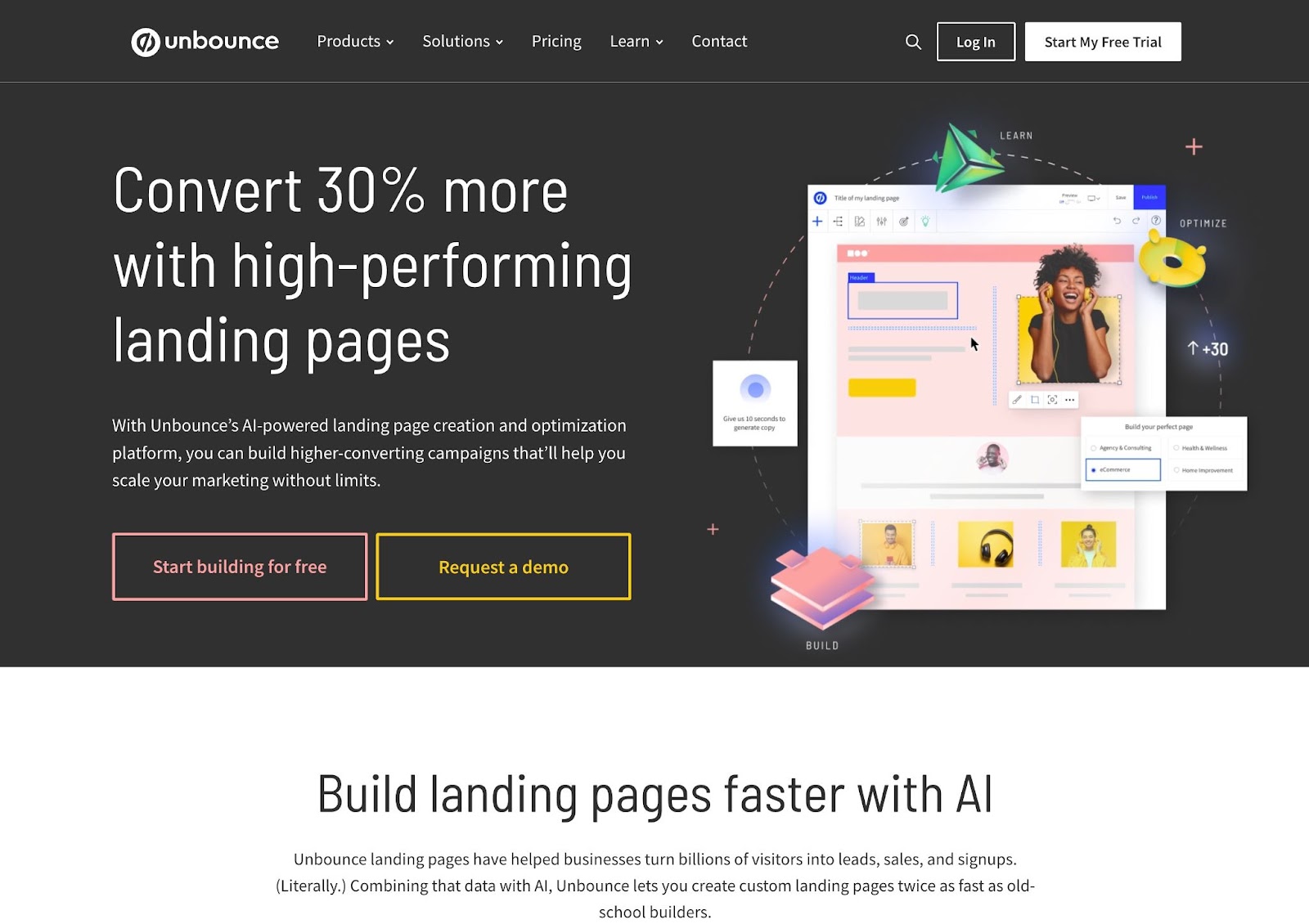 Wordpress vs Unbounce, the Unbounce homepage
