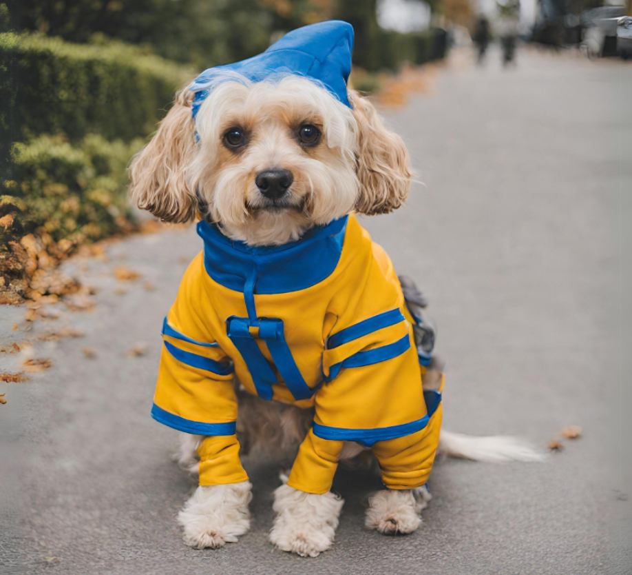 Small dog in a costume on a pet-friendly halloween celebration