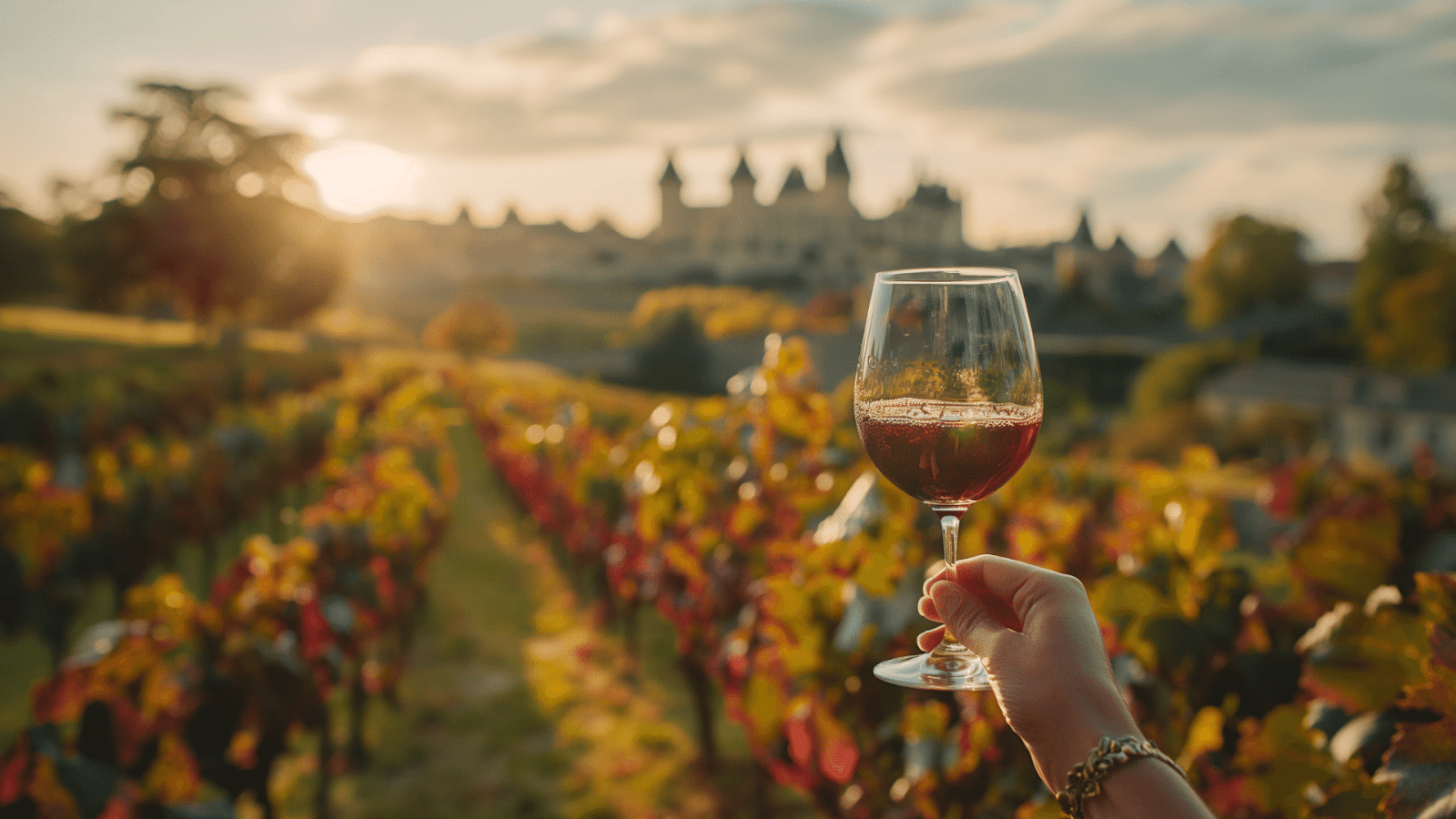 Holding wine glass with castle backdrop, savoring Europe's finest