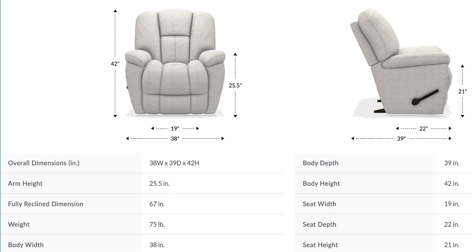 maverick rocking recliner dimensions