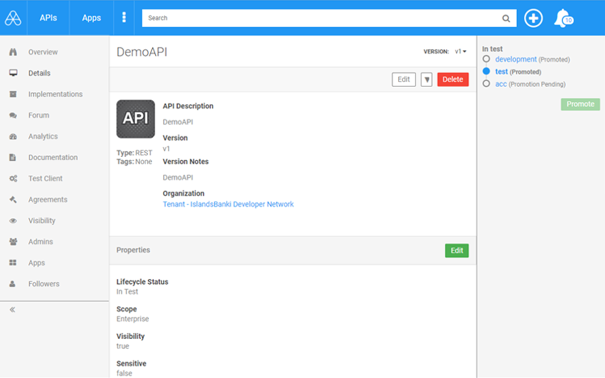 API management tool, Akana API Management Platform UI