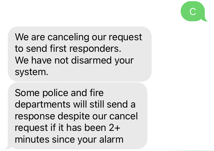 Sample text message where customer is cancelling request to send first responder through Alarm Text, after an alarm has been triggered
