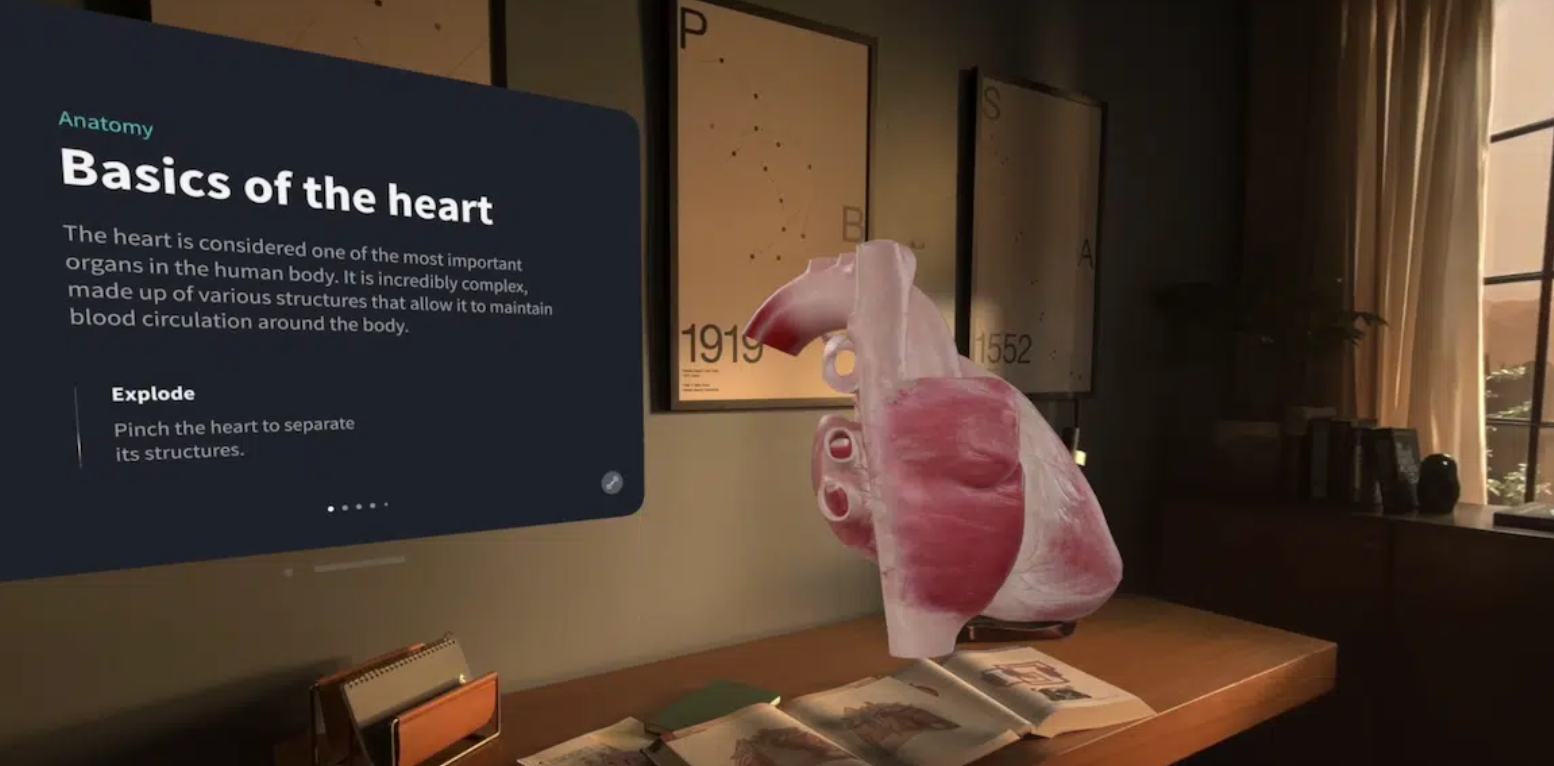 A digital window displays theoretical content, and a real heart is shown in a 3D format.