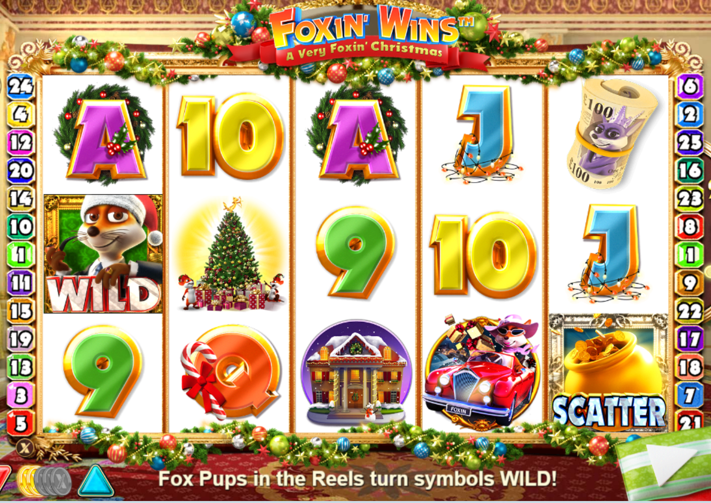 A screenshot of a video game with fox, letters and christmas tress.