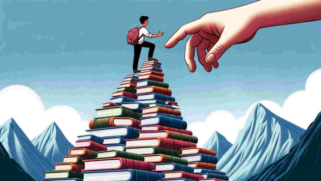Student climbing a mountain of books, symbolizing perseverance and guidance.