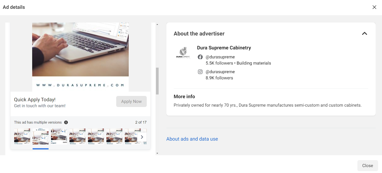 Facebook Ads Library: Dura Supreme Cabinetry Ads Example