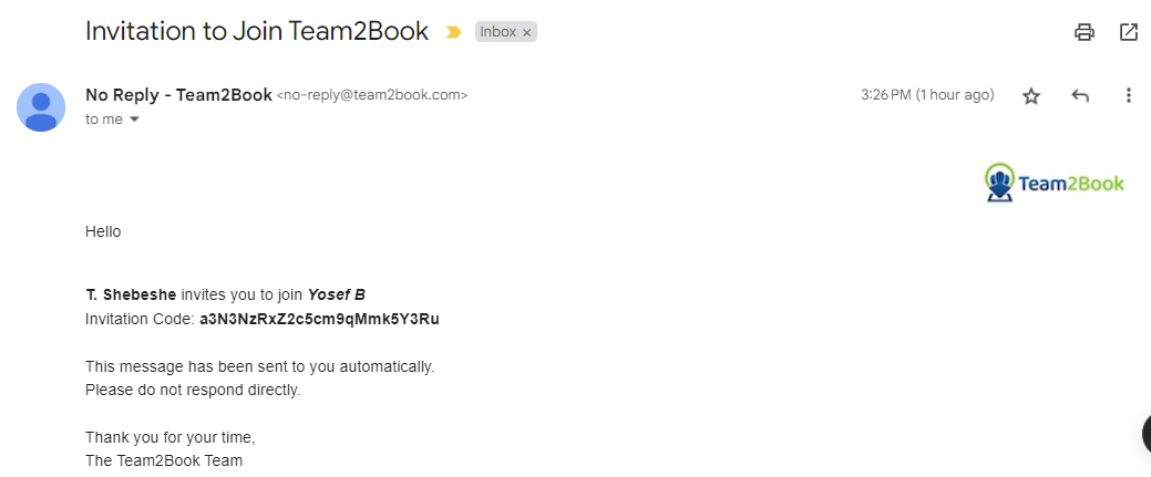 Welcome email after joining a team on Team2Book calendar availability app.