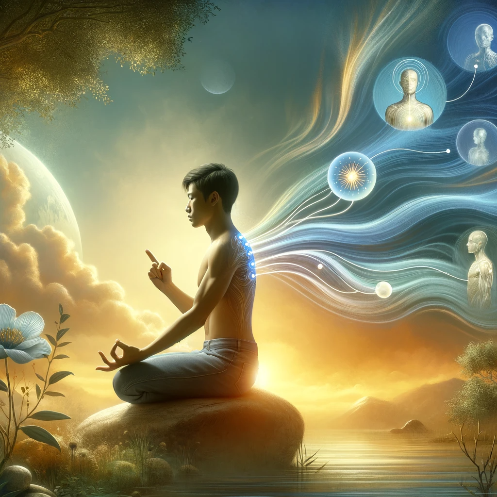 depicts a serene and tranquil scene, focusing on the theme of emotional balance and stress reduction