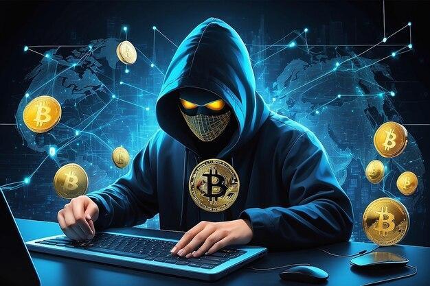 Illustration of a hacker with Bitcoin