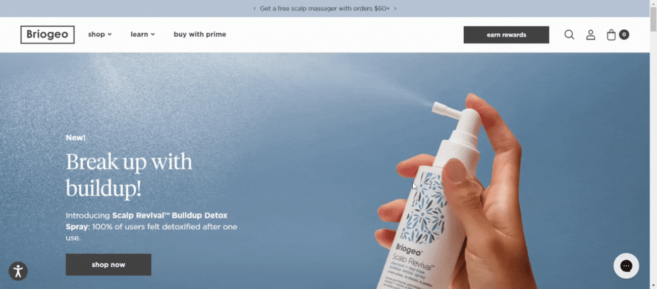 Briogeo’s hair care website keeps things discoverable with an accessible sticky menu