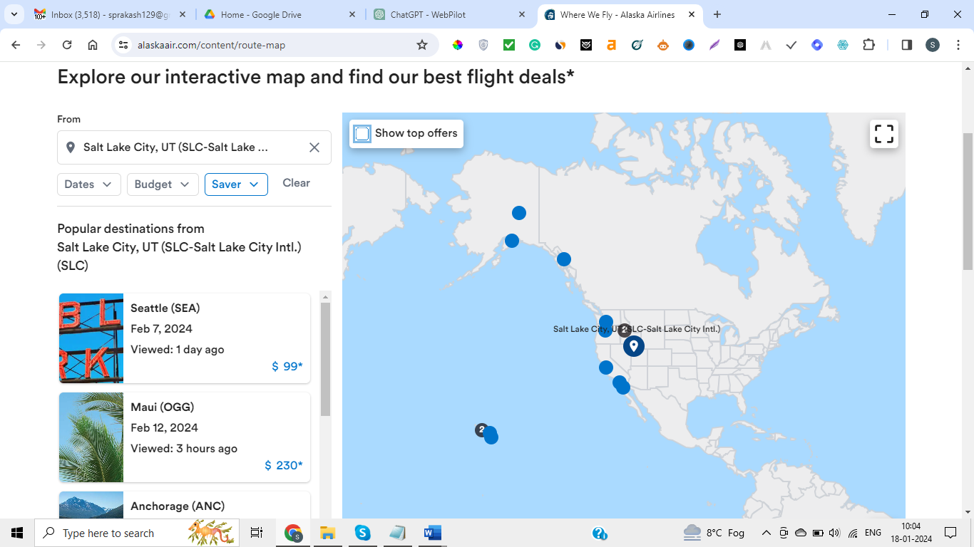 Alaska Airlines SLC Destinations Map