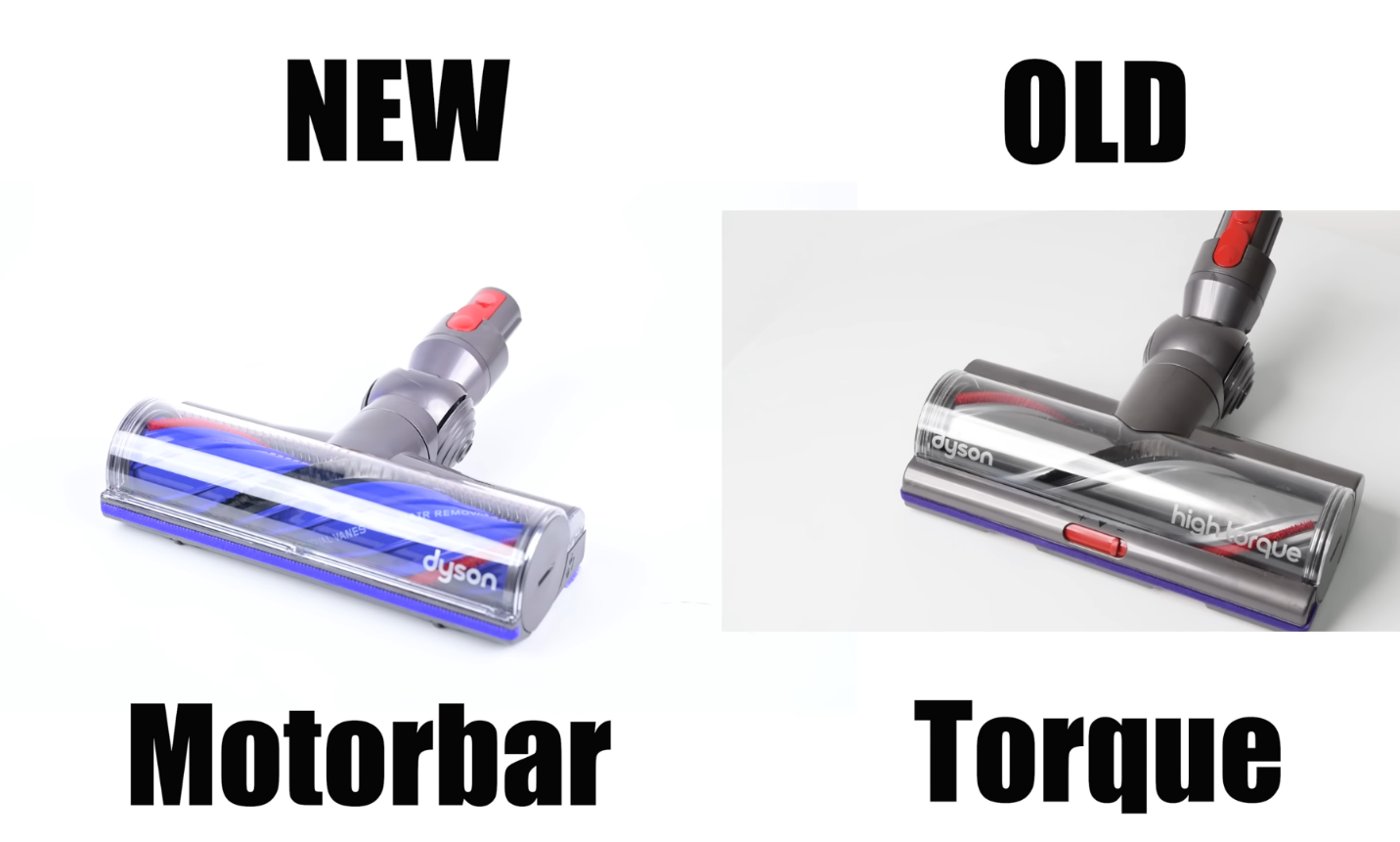Comparison image showing the new Motorbar cleaner head next to the older Torque drive head, highlighting design advancements in the Dyson V11