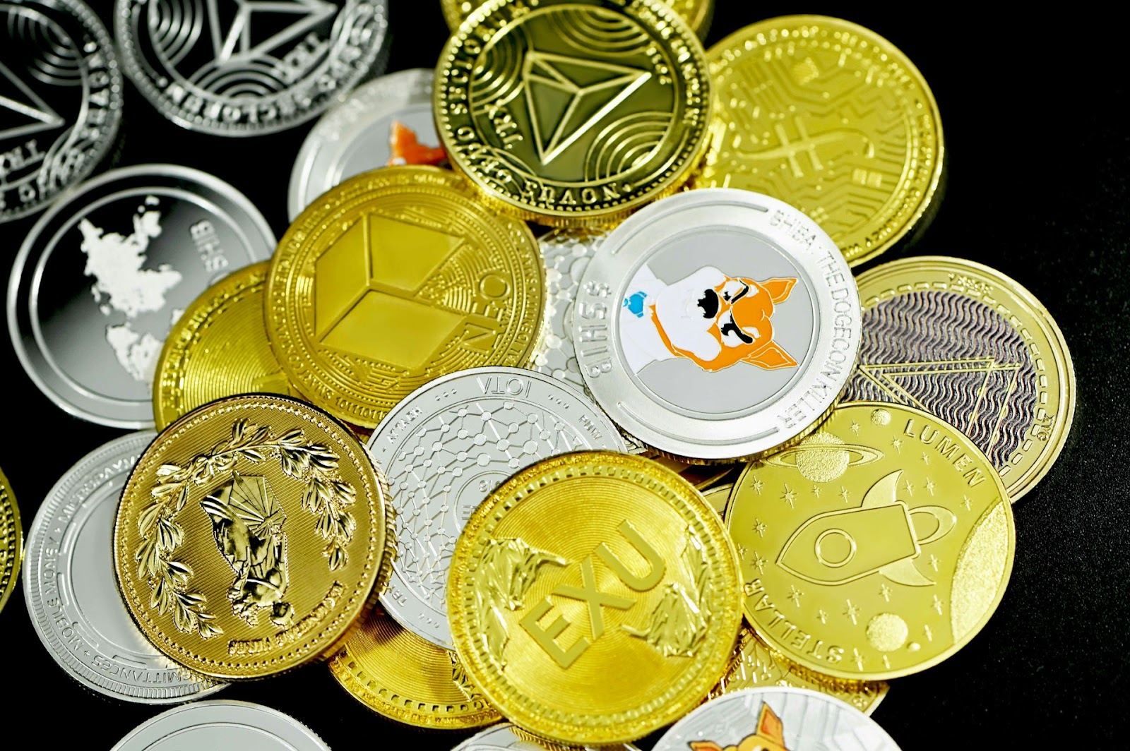a dummy doge coin among a heap of other coins