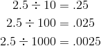 2.5 \div 10 & = .25\\2.5 \div 100 & = .025\\2.5 \div 1000 & = .0025