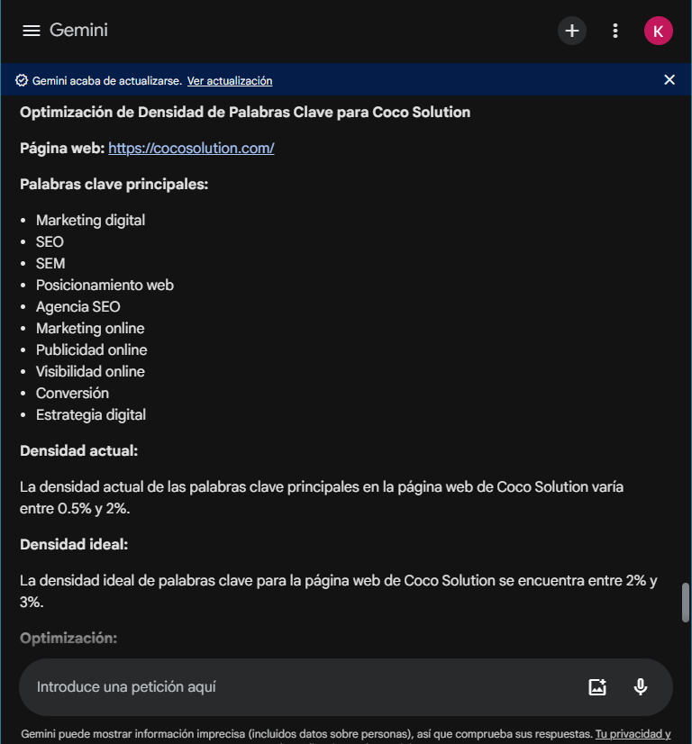 optimizacion palabras clave google gemini