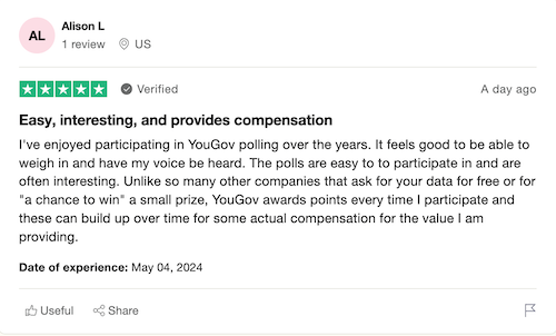 A 5-star Trustpilot review from a YouGov user who has been participating for years and enjoys having their voice heard and being compensated. 
