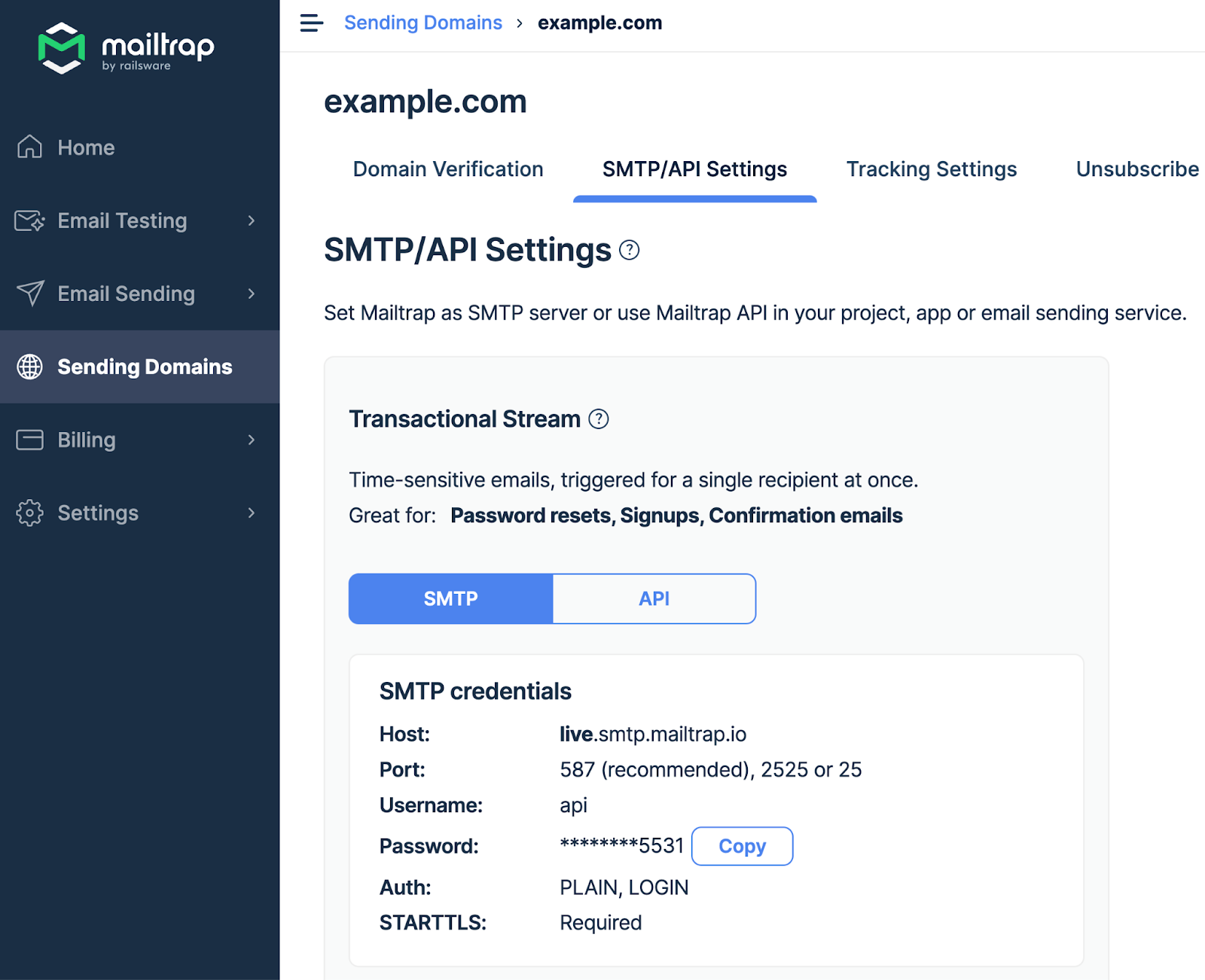 Mailtrap Email Sending - Sending Domains menu