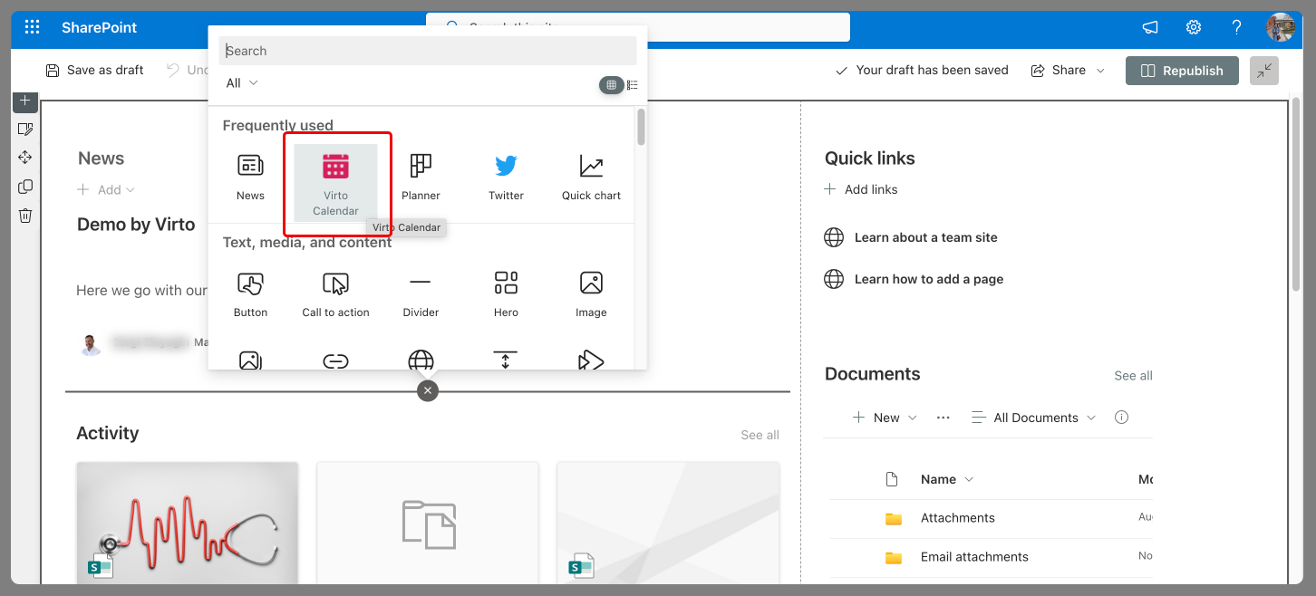 Adding Virto Calendar as a SharePoint web part.