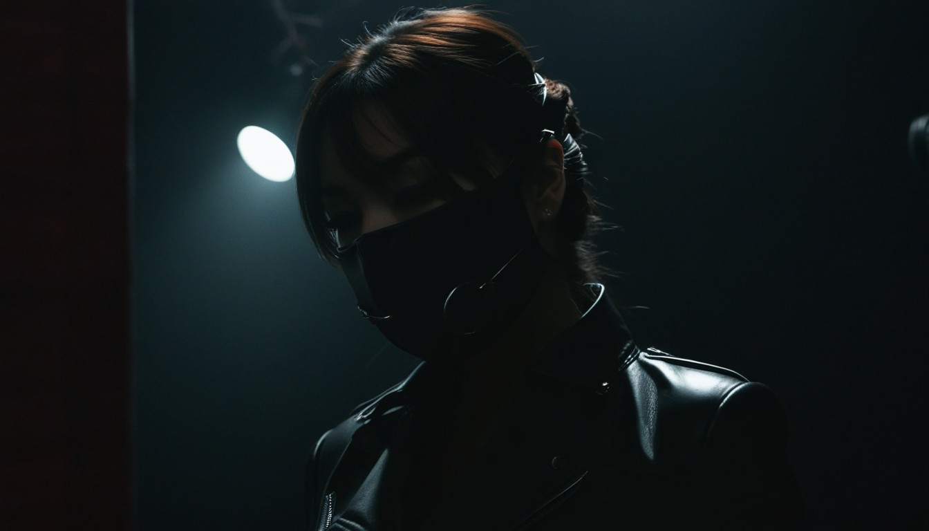 a woman wearing leather suit and mask