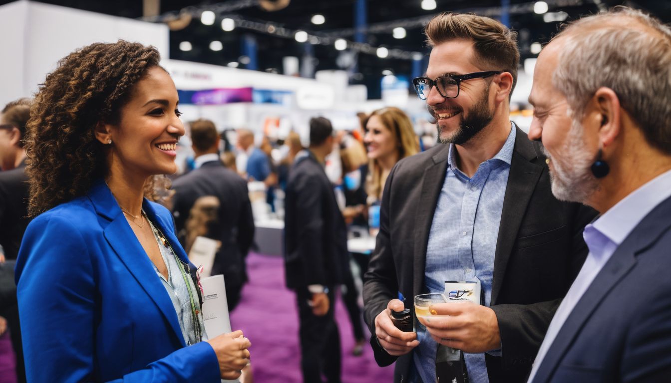 A diverse group of professionals networking at a trade show event.