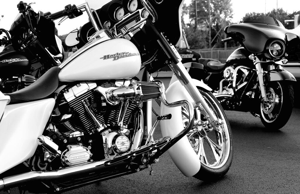 black and white picture of a harley davidson bike in spring hill