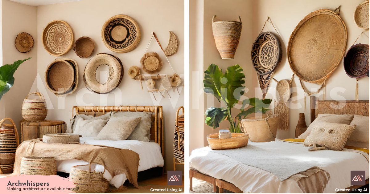 A Bedroom With Wicker & Cane Baskets Stuck on the Wall