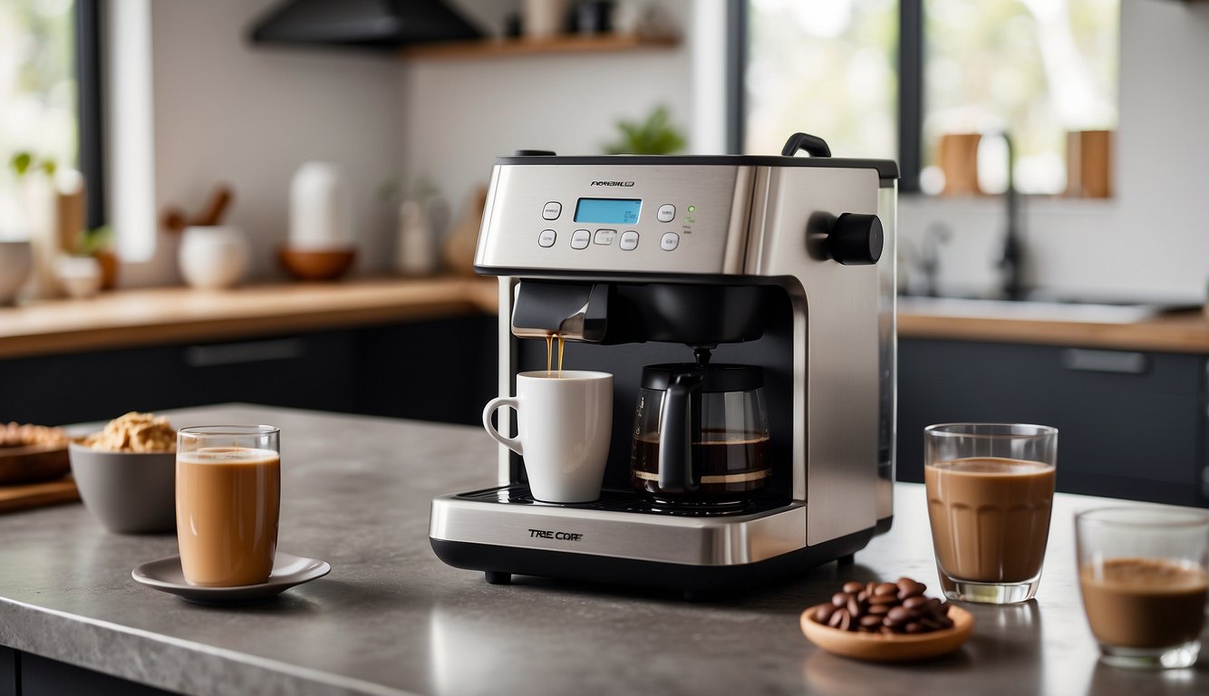 A Tres Corações Mimo coffee maker sits on a clean, modern kitchen counter, surrounded by freshly ground coffee, a steaming cup, and a sleek, user-friendly manual