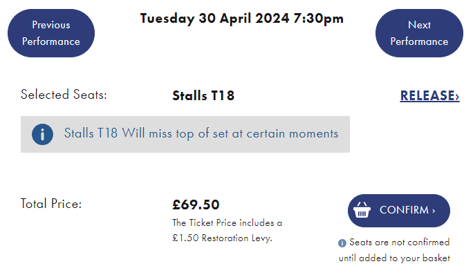 Tickets to Les Miserables in London at the Sondheim Theatre on Tuesday 30th April 2024. Stalls T18 priced at £69.50