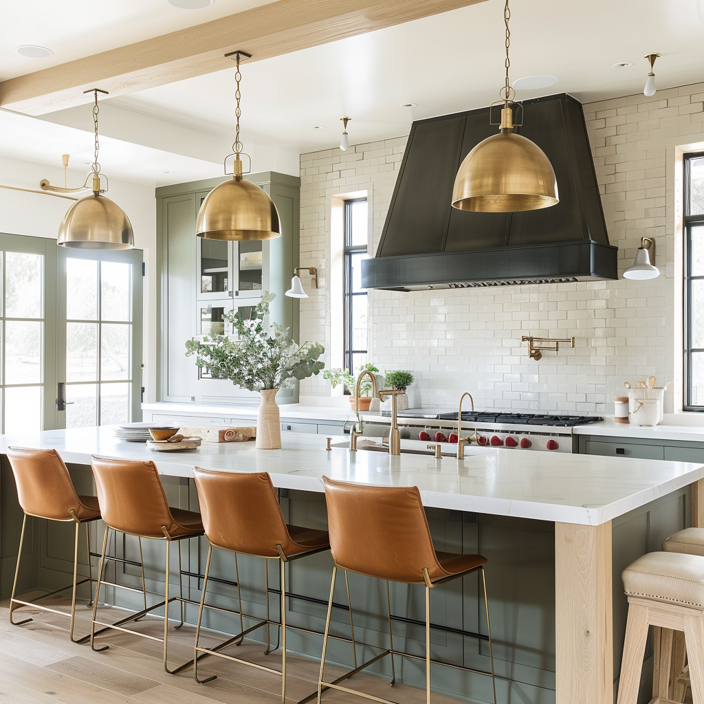 Kitchen Range hood inspo in a green kitchen with leather stools