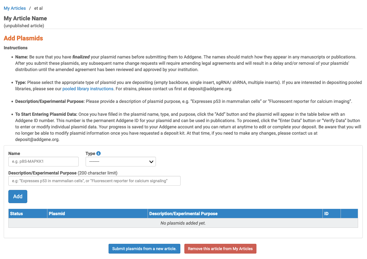  A screenshot of the “Add Plasmids” page. Instructions are provided for naming your plasmid, choosing the type of plasmid, and adding a description/experimental purpose. Additional plasmids can be entered by clicking the “Add” button. Additional plasmids from a new article can be entered by clicking the “Submit plasmids from a new article” button.