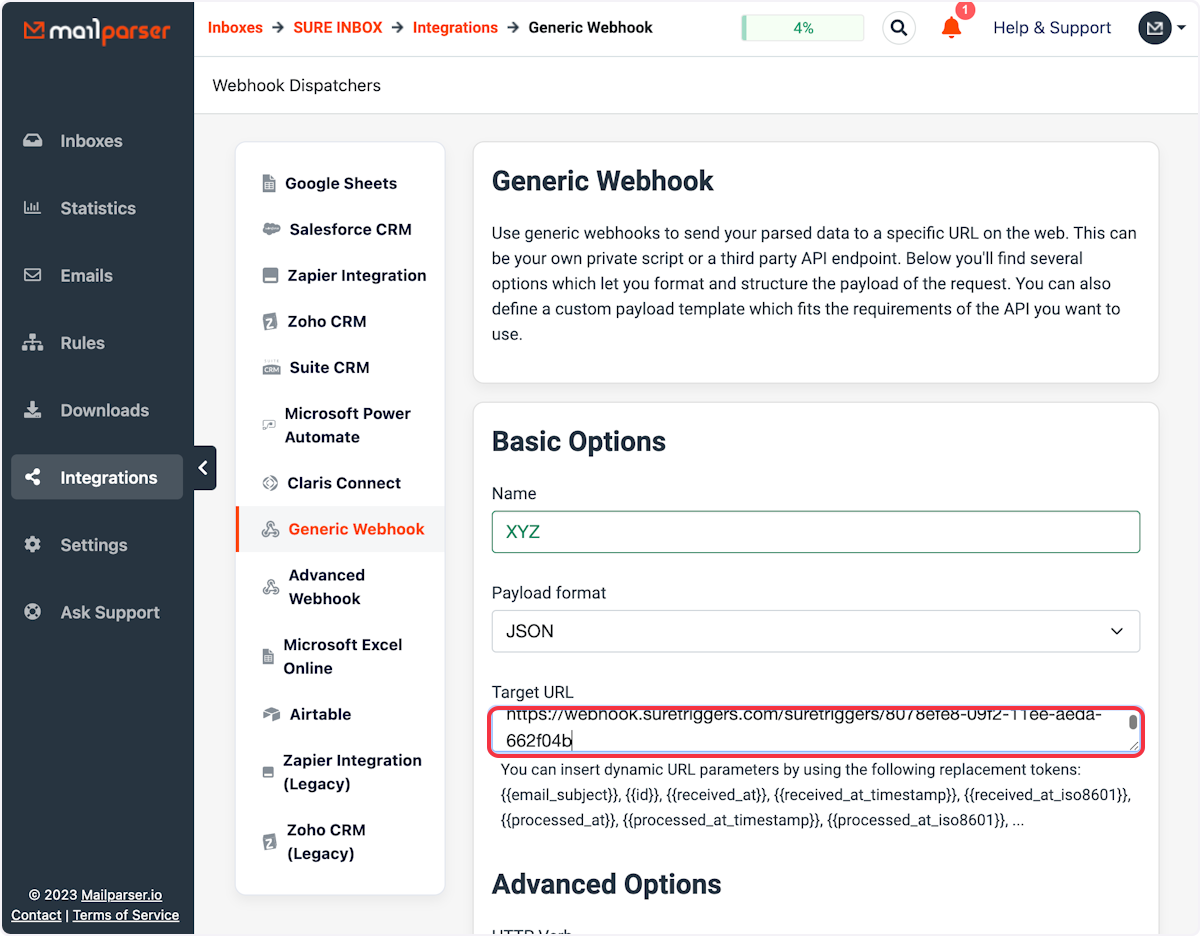 Provide a suitable name for the webhook and select the payload format as "JSON". Now paste the webhook URL under the "Target URL" field. 