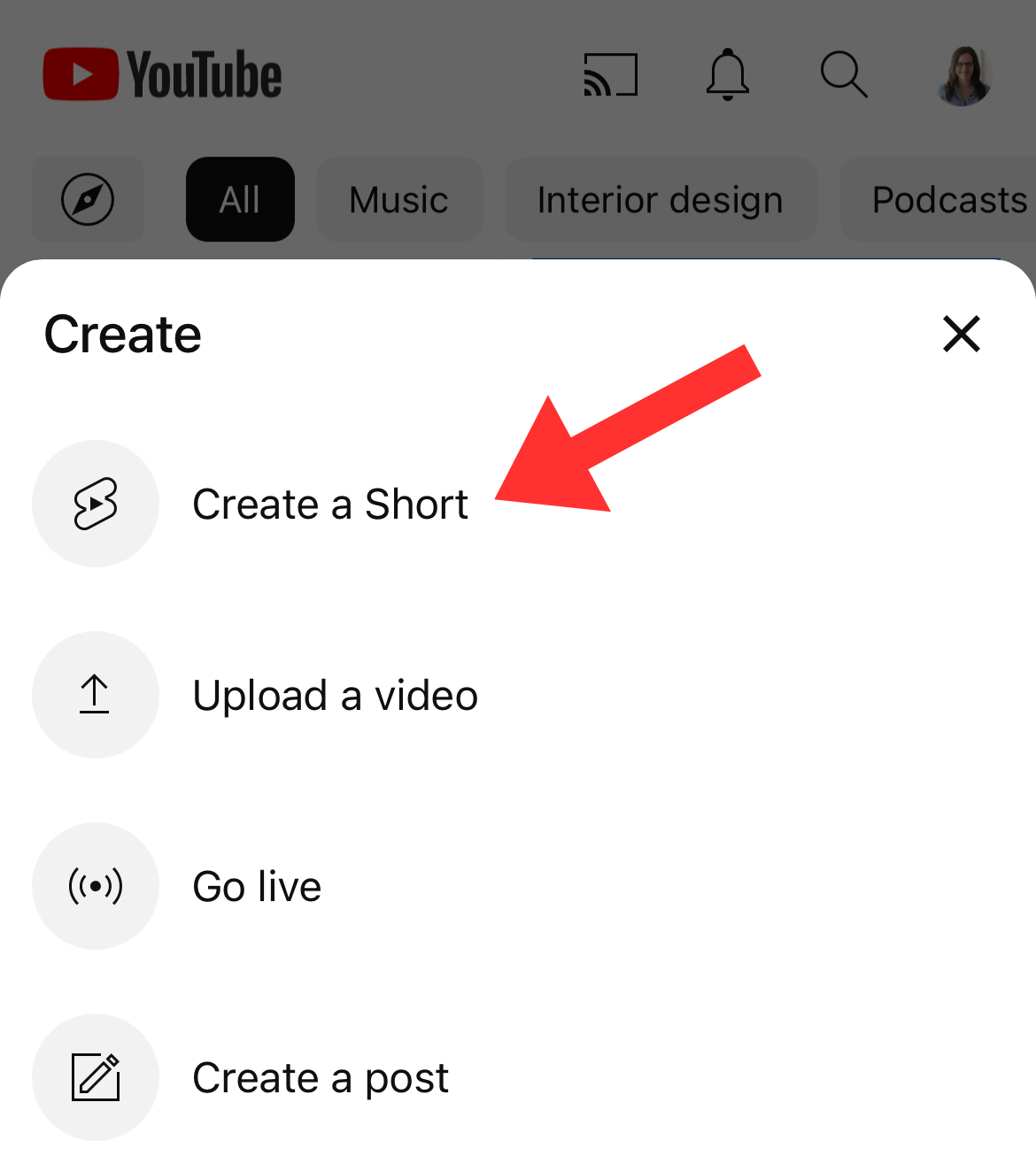 youtube app content upload menu