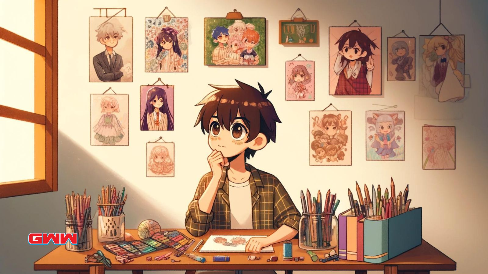 Young artist pondering among anime art supplies