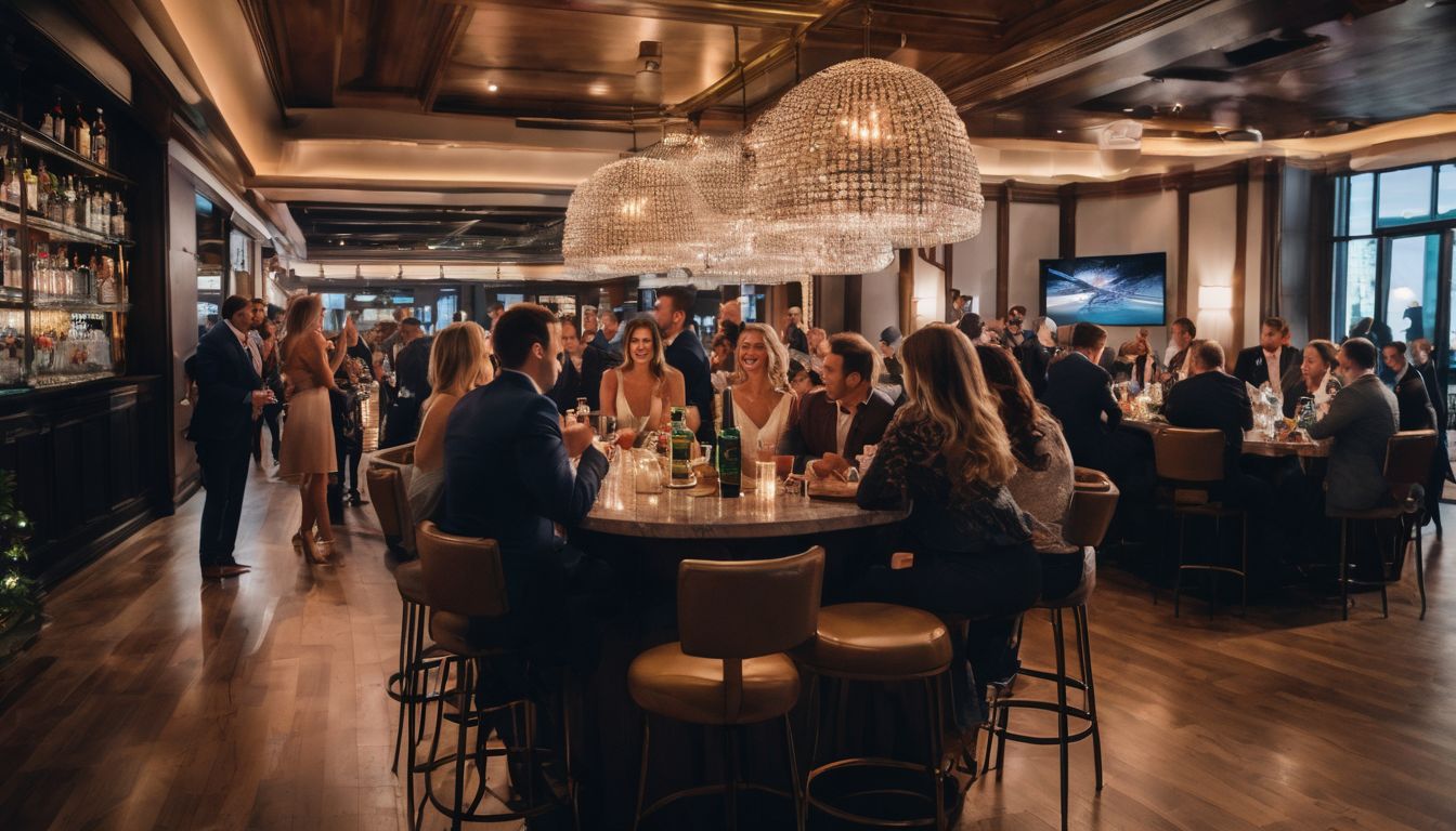 A group of people enjoying a rented indoor event with bar stools.