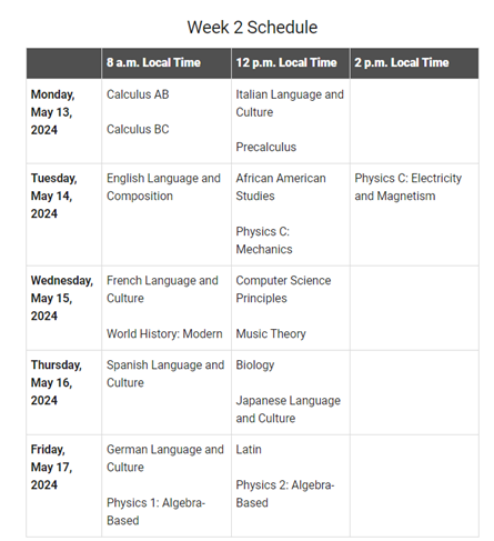 AP Exam Week 1 Schedule