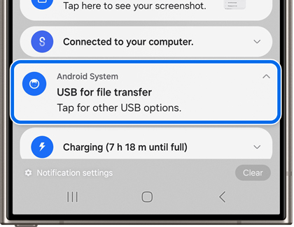 USB for file transfer notification highlighted