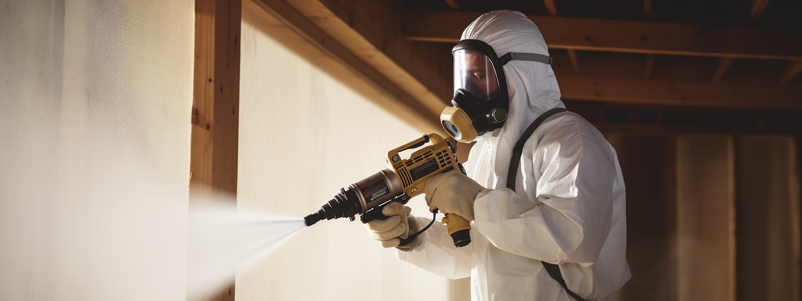 a spray foam insulation gun being used by a contractor to apply foam to seal air leaks or adhere different surfaces.