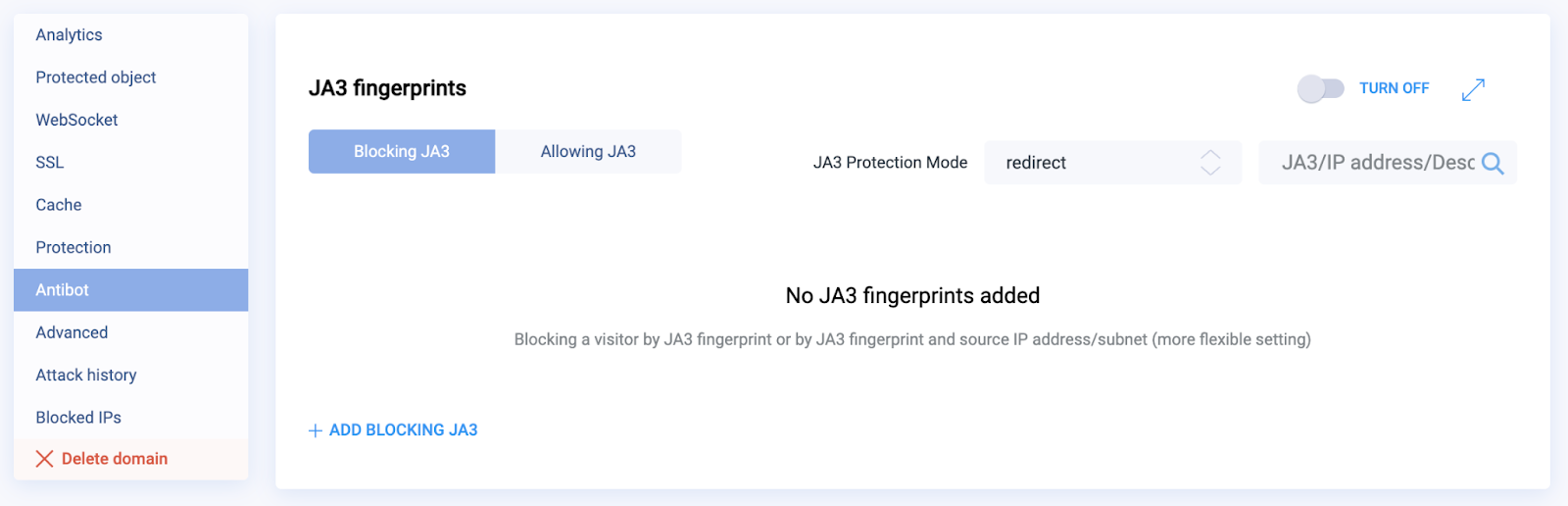JA3 fingerprints in the Antibot section of StormWall Website Protection