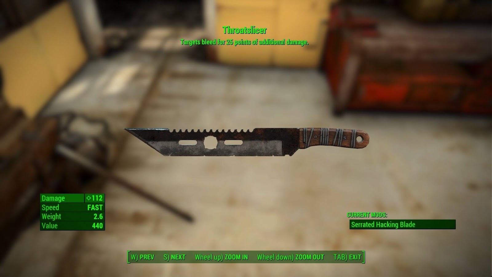 Thoratslicer, a single-edged knife that's serrated on the blunt side,  viewed through the inventory UI of Fallout 4.