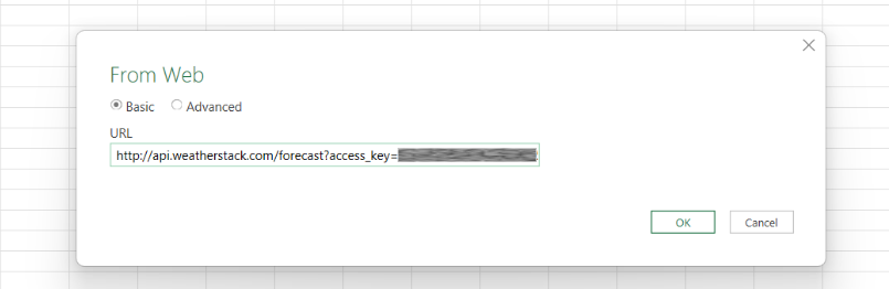 Entering weather forecast enpoint URL in Excel