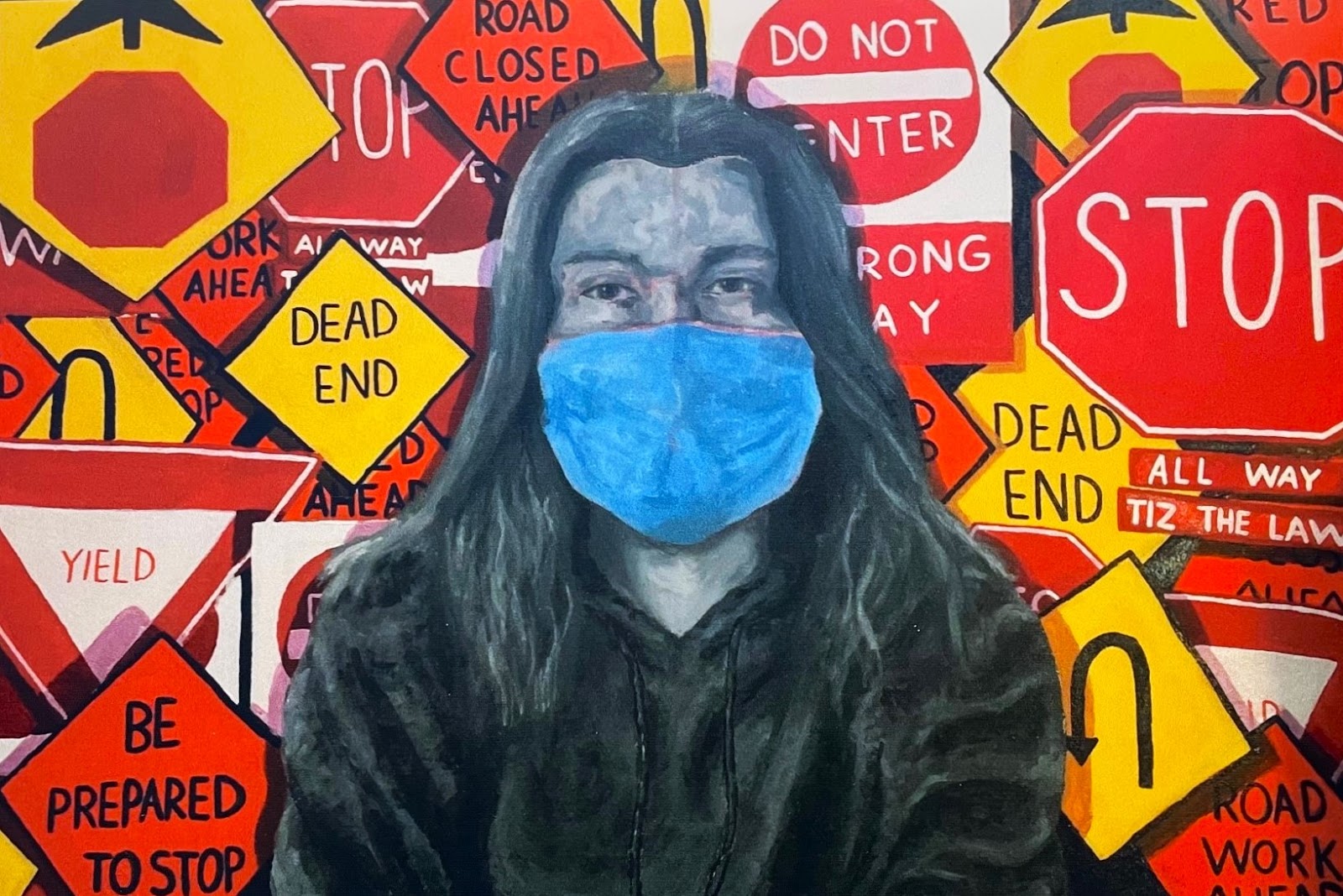 An art piece depicting a teenager wearing a mask with cautionary signs in the background. 