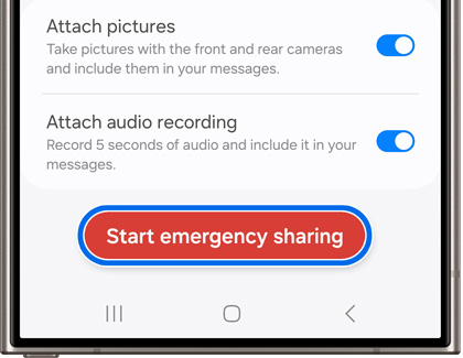 Start emergency sharing button at the bottom of Galaxy phone