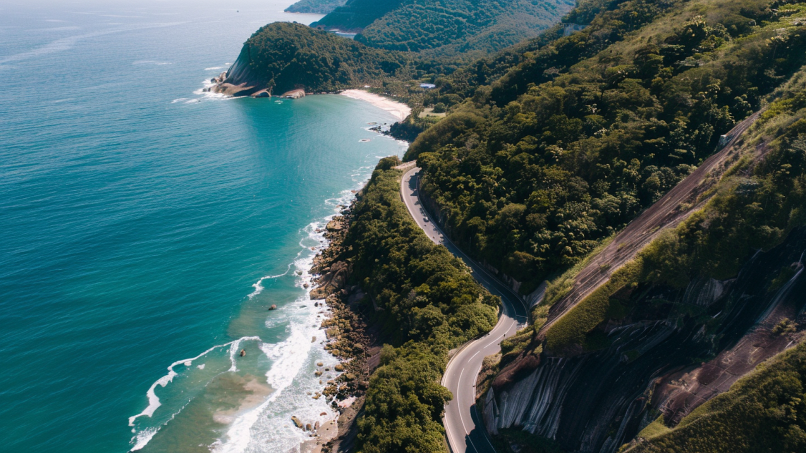 Aerial shot of the coastal highway in Rio de Janeiro, Brazil