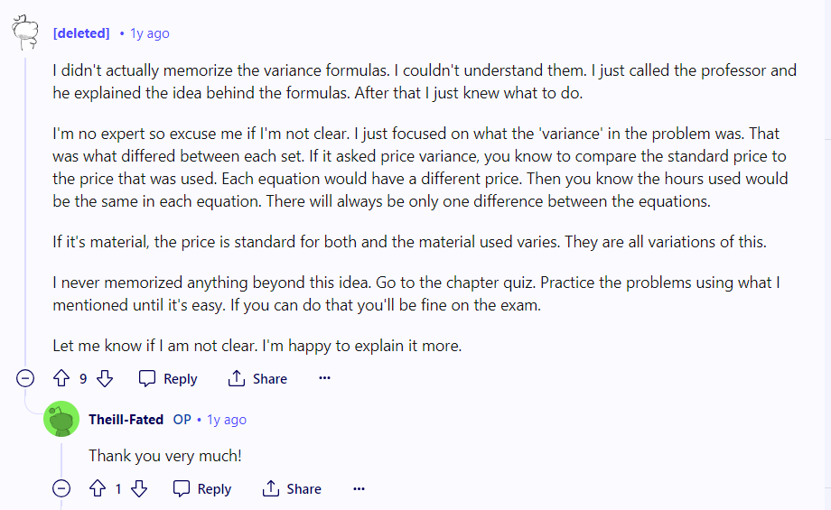  A screenshot from Reddit with students highlighting that understanding formulas is more important than memorizing them