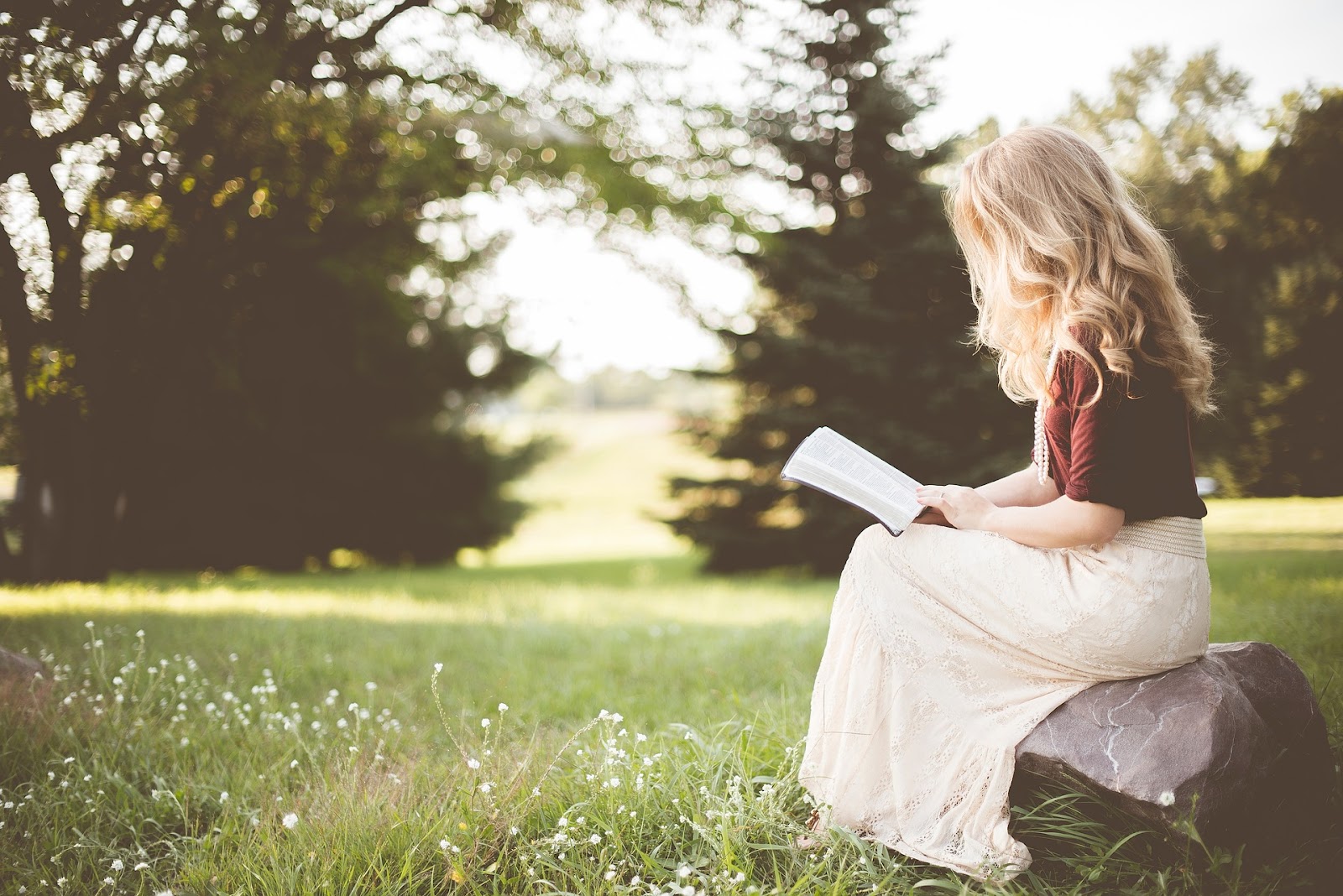 女性　金髪　読書　自然