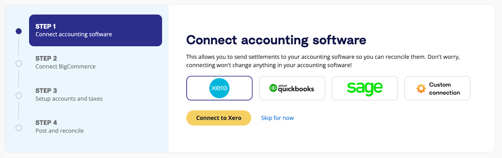 A prompt in the A2X dashboard to connect A2X to Xero