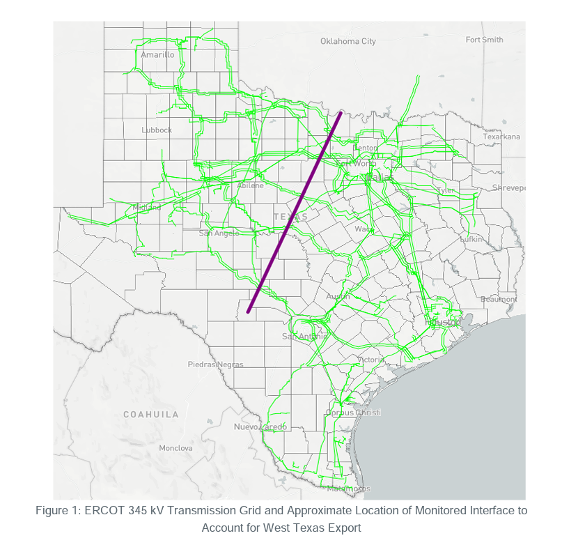 map of Texas. The North/South line shows the approximate bifurcation of the grid for this GTC