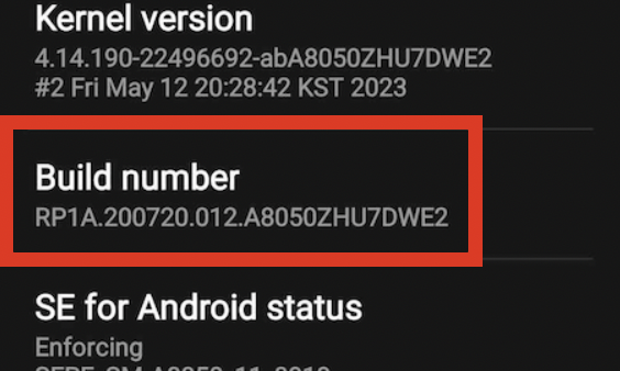 screenshot of Build number option in Android settings
